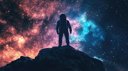 An astronaut stands on a rocky surface, gazing at a vibrant cosmic landscape filled with stars and colorful nebulae.