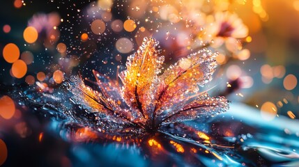 Fototapeta premium A tight shot of a water droplet clinging to a leaf, surrounded by a bouquet of soft backlight