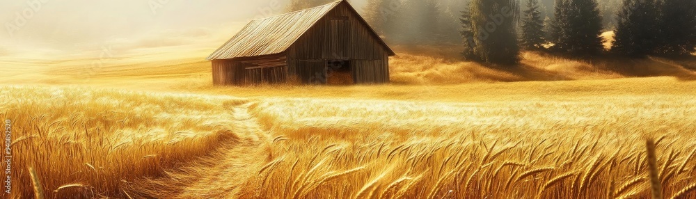 Poster a tranquil scene of a rustic barn surrounded by golden wheat fields under a soft sunset glow, evokin