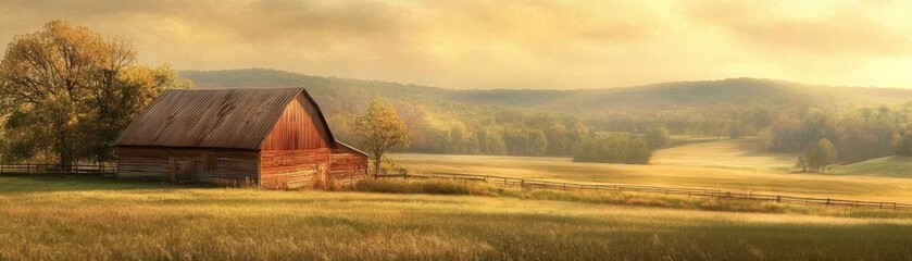 Obraz premium A serene rural landscape featuring a picturesque red barn surrounded by golden fields under a warm, glowing sky.