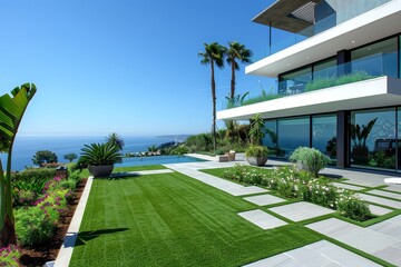 Obraz premium Modern Los Angeles terrace with artificial grass and minimalist design, overlooking ocean and hillside houses with palm trees on a sunny day.