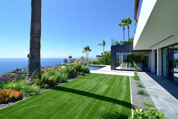 Obraz premium Modern Los Angeles terrace with artificial grass and minimalist design, overlooking ocean and hillside houses with palm trees on a sunny day.