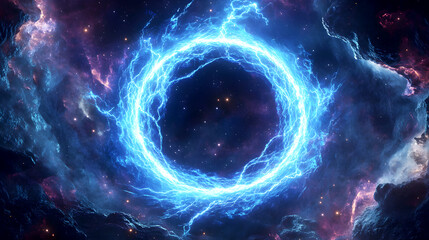Space-Time Continuum A glowing electric blue lightning round frame hovering in deep space, with a vibrant plasma portal acting as a gateway to another dimension