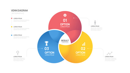 Infographic Venn diagram chart template for business 3 parts, options, presentation with venn diagram elements vector illustration.