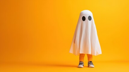 A child is wearing a white ghost costume