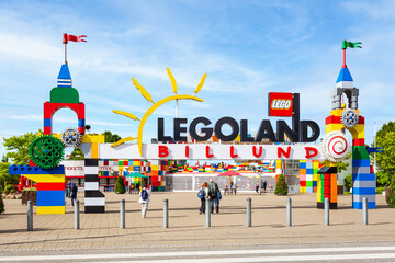 Naklejka premium Billund, Denmark - July 14, 2024: Entrance gate of the original Legoland park, opened in 1968, first of a chain of family amusement parks focusing on the Lego building toy brand.