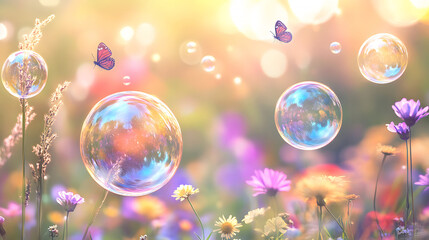 Spring Meadow Soap bubbles gliding over a blooming spring meadow, with wildflowers, tall grasses, and butterflies in the background