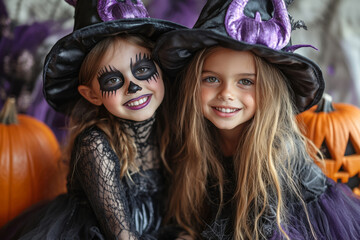 Obraz premium Children smiling and wearing witch costumes for halloween party