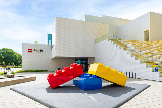 Billund, Denmark - July 14, 2024: Main entrance of the Lego House, home of the brick, a building designed by Bjarke Ingels Group and open in 2017 to showcase the brand's construction toys.