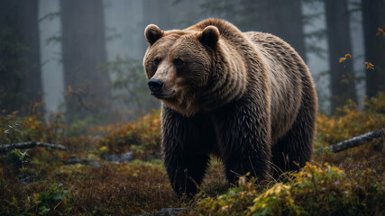 Fototapeta premium Orso bruno in una foresta con la nebbia nelle prime luci del mattino