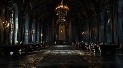 Gothic Banquet Hall Interior Design with Dark Colors and Ornate Details