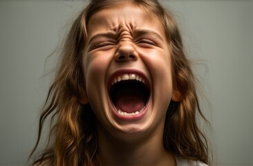 upset Caucasian little girl screaming, crying in pain. shock and emotional breakdown, depression.