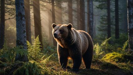 Orso bruno in una foresta con la nebbia nelle prime luci del mattino