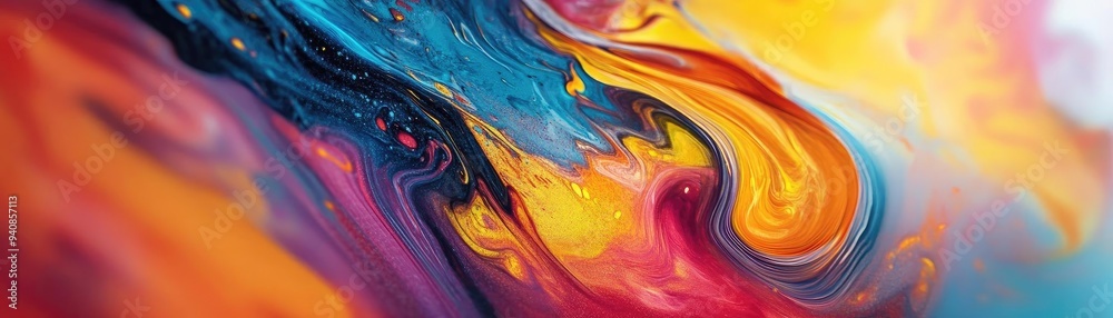 Poster vibrant abstract art featuring swirling colors of blue, orange, and yellow, creating a captivating a