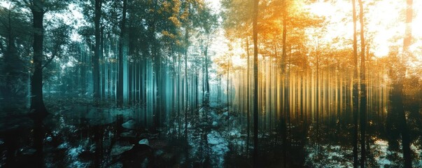 Obraz premium A serene forest landscape showcasing vibrant colors from the sunrise filtering through tall trees, creating a tranquil atmosphere.