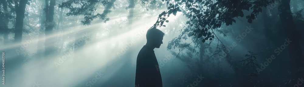 Poster a serene silhouette of a person standing in a misty forest, illuminated by soft, ethereal light filt