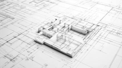 Architectural blueprint with a 3D model overlay for design purposes.