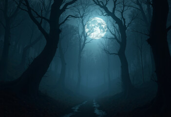 Haunted Forest with Full Moon and Dark Hills
