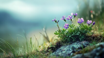  A hillside dotted with purple flowers sits atop lush green moss Behind, a blue sky stretches uninterrupted