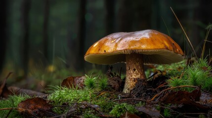  A tight shot of a mushroom on the forest floor, moss-covered ground beneath Trees loom in the backdrop