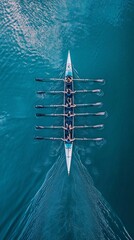 A group of rowers in sync, showcasing teamwork and focus while navigating a serene lake
