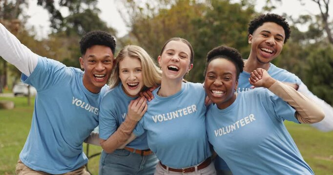 Excited, volunteer and face of people in park for charity event, community service and teamwork. Volunteering, happy and portrait of men and women cheering for donation, ngo programme and outreach