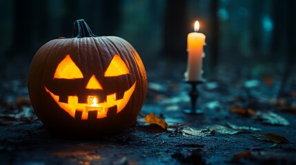 Obraz premium Glowing jack-o'-lantern and candle in dark, spooky forest on Halloween night