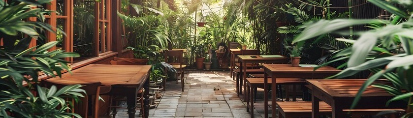 Fototapeta premium Sunlit Tropical Cafe Patio with Lush Greenery and Cozy Wooden Table Seating for Relaxing Outdoor Dining