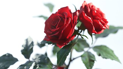 On a pristine white backdrop a stunning arrangement of deep crimson roses fills a vase captured in a side view vertical shot