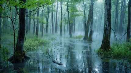 Obraz premium Swamp Adventure: Misty Forest Panorama with Rain and Fog among Creepy Trees
