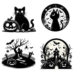 Fototapeta premium Set of four black and white Halloween illustrations.