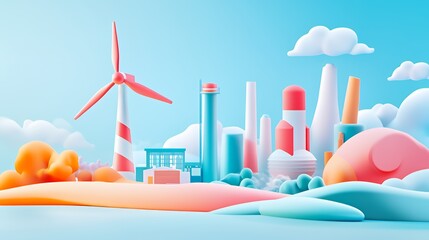 A colorful, stylized cityscape featuring wind turbines and modern buildings.