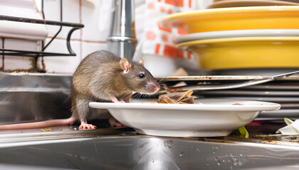 Rat near kitchen sink with dirty dishes. Pest control