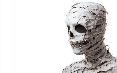 A haunted soldier in a shredded uniform, wearing a menacing Halloween mask, intricate textures, dark shadows, isolated on a stark white background