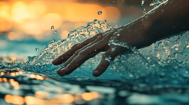 A close-up of a swimmer's hand entering the water, showcasing the technique and form, with a soft color backdrop