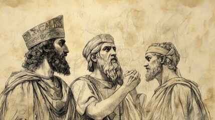 Fototapeta premium Assyrian Threat and Deliverance: Bible Wall Art Depicting Hezekiah’s Concern and Consultation with Advisors, Biblical Illustration on Beige Background