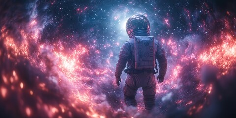 Astronaut Exploring Vast Galaxy: Futuristic Spaceship Interior with Massive Illumination Device. Cosmic Adventure in Unknown Universe. Astronomy, Cosmology, and Metaverse Concept for Web Design, Marke