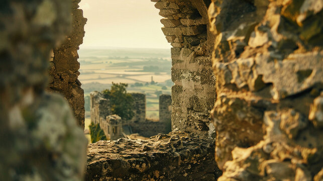 A close-up of a castle's watchtower window, framed by crumbling stone, with the distant landscape visible