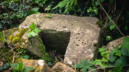 Obraz premium A close-up of a fallen stone pillar, partially buried in the ground