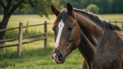 Naklejka premium A bay horse galloping freely on lush green grass, surrounded by nature