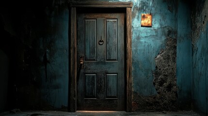 Weathered wooden door in a dilapidated, mysterious blue room with a single glowing light.