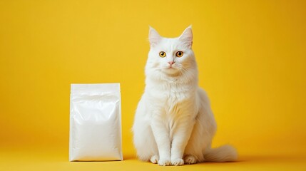 Elegant white cat sitting beside a white food package against a yellow background