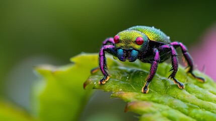 Naklejka premium A detailed shot of a vibrant insect perched on a verdant leaf, featuring a pink marking at its hind end