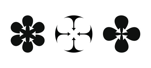 Abstract symbolic representation of dynamic movement: Intertwined arrows creating a flowing circular geometric flower pattern.