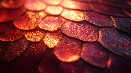 Obraz premium Metallic Scale Texture with Red and Gold Iridescent Sheen, Close-Up Abstract Background