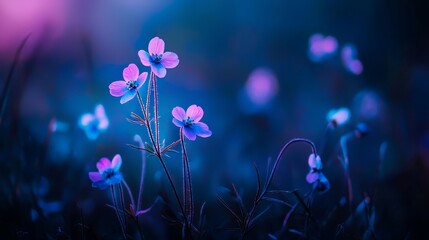  A cluster of violet blooms against a backdrop of blue and pink, softly illuminated by a hazy light
