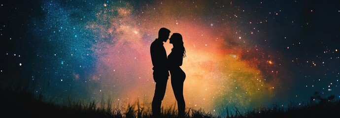 A romantic silhouette of a couple against a vibrant cosmic background, capturing love and the beauty of the universe.