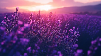 Fototapeta premium A field filled with purple flowers as the sun sets in the distance, with mountains in the background