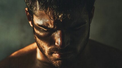 A male actor in a dramatic pose, surrounded by a soft light, emphasizing his facial expressions