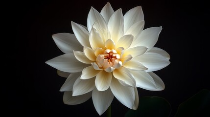  A white flower, closely framed against a black backdrop, illuminated by light focused at its center